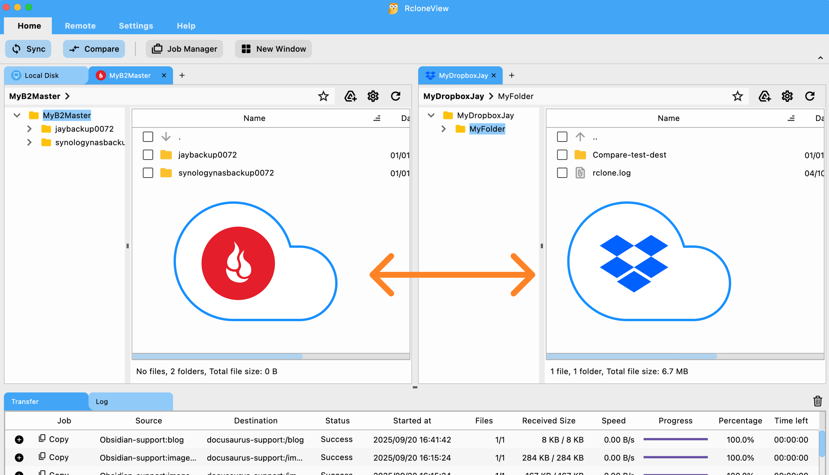 open backblaze b2 and dropbox remote