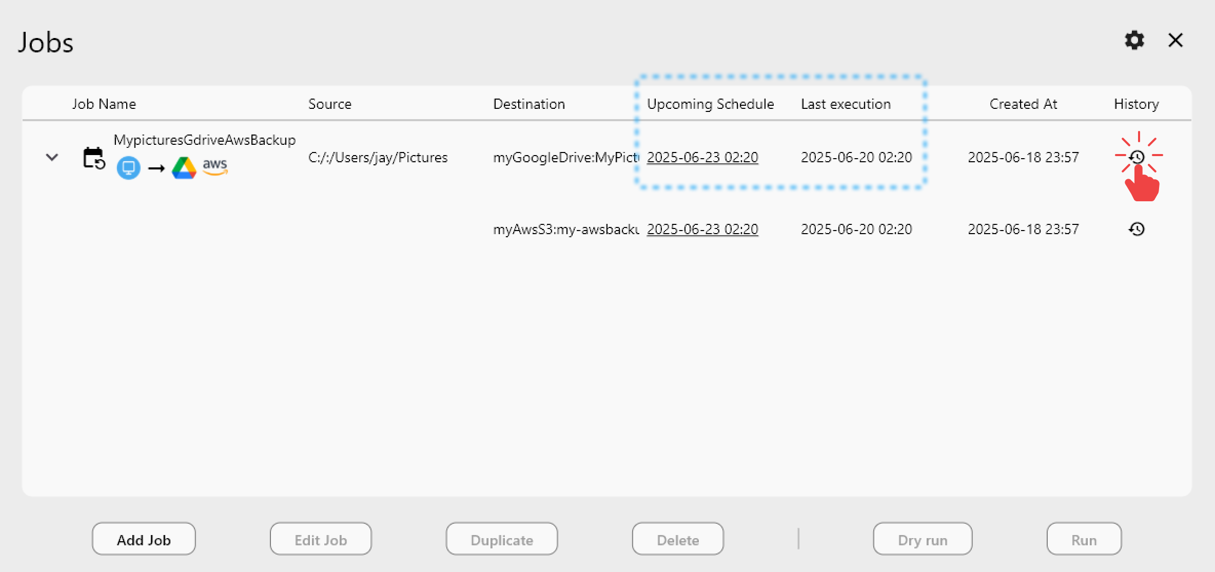 open job schedule history