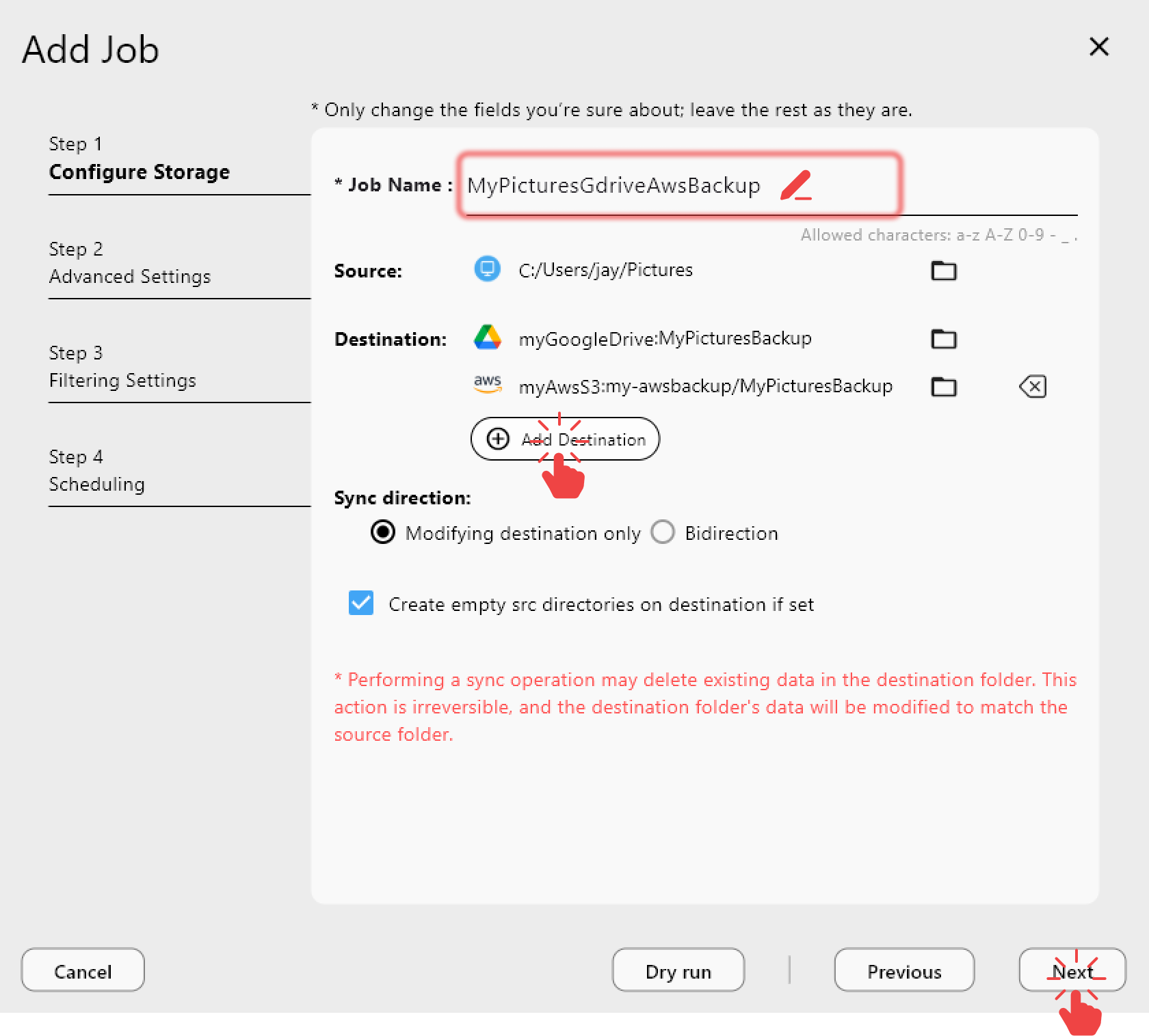Configure source and destination when creating a job