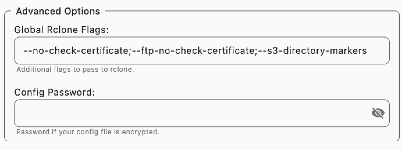 embedded rclone advanced options settings