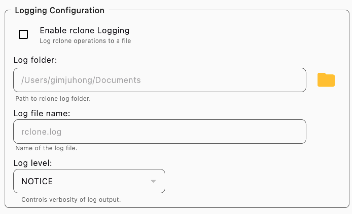 embedded rclone logging configuration settings