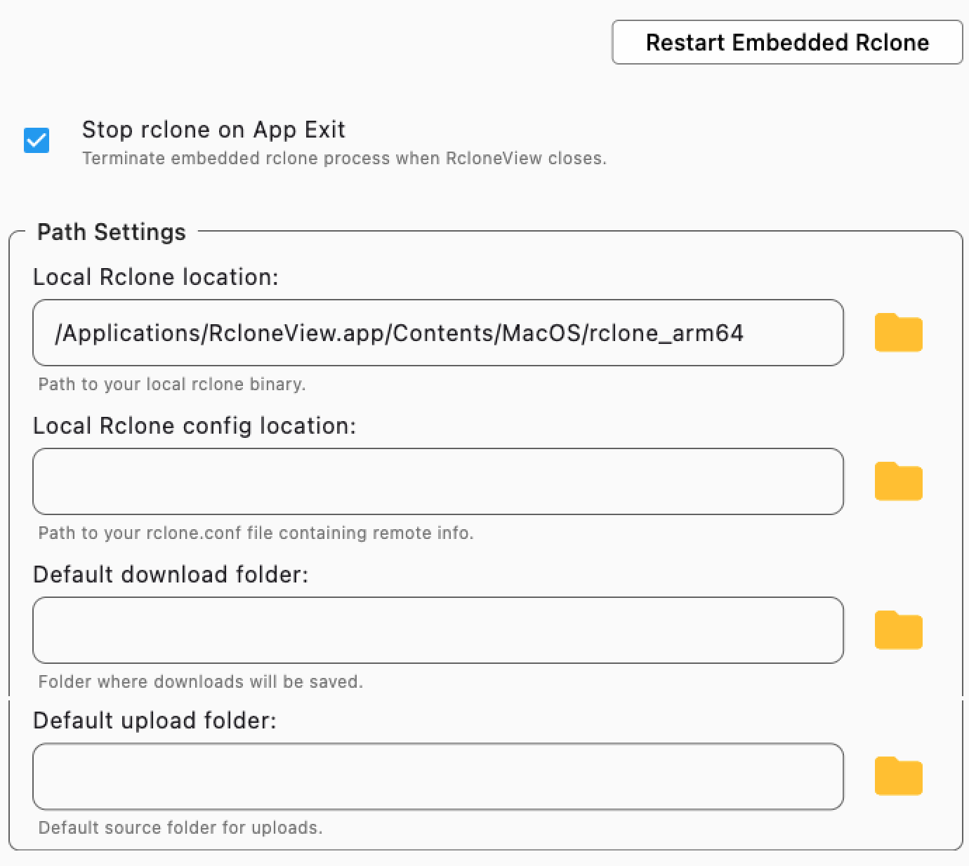 embedded rclone settings