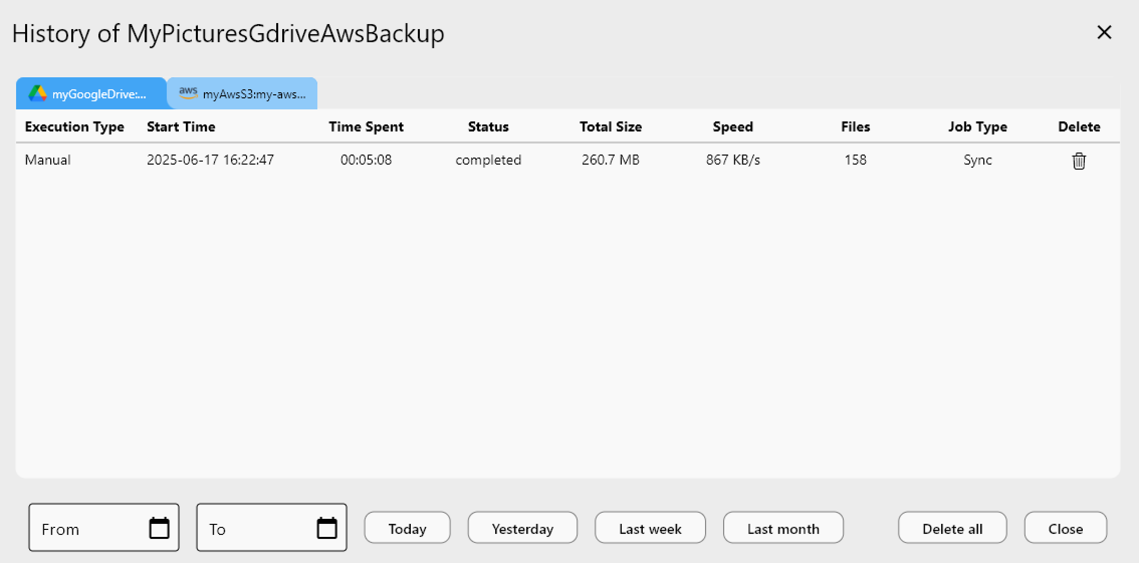 Bisync job history showing completed two-way synchronization runs