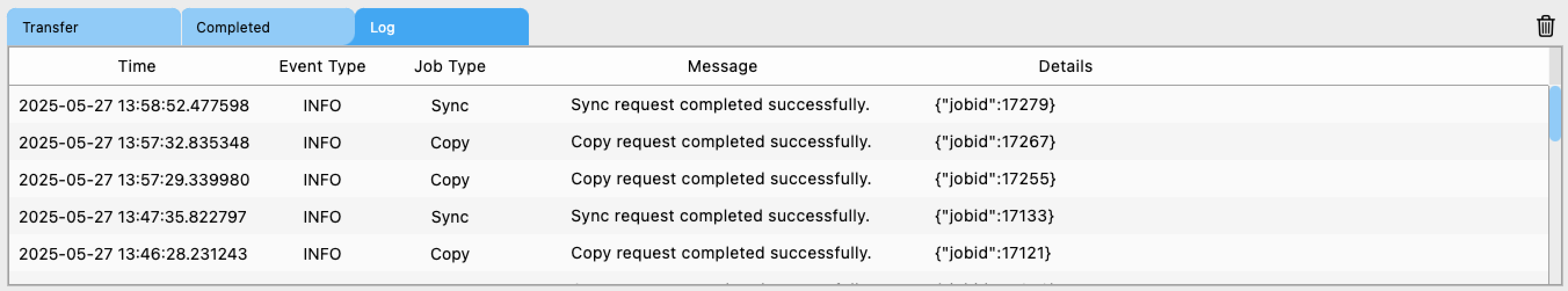 Log tab showing transfer details