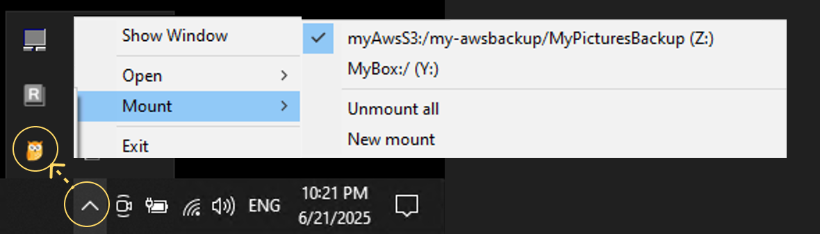 mount from system tray