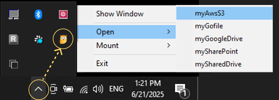 open remote via system tray