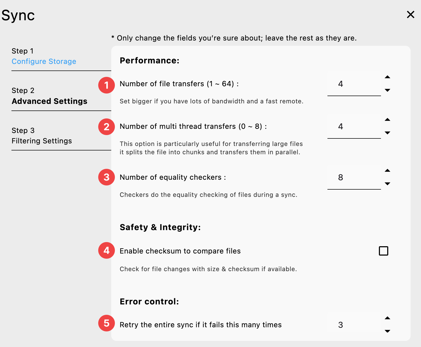 sync advanced settings details