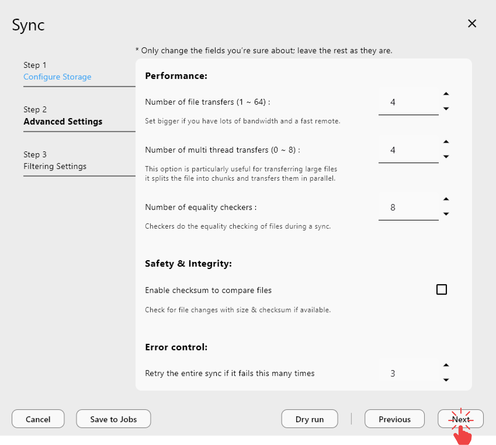 Sync advanced settings
