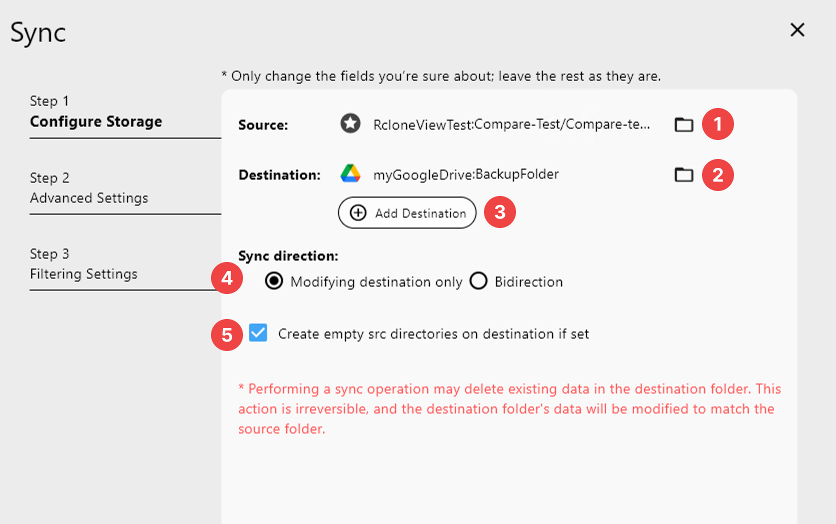 sync config storage details