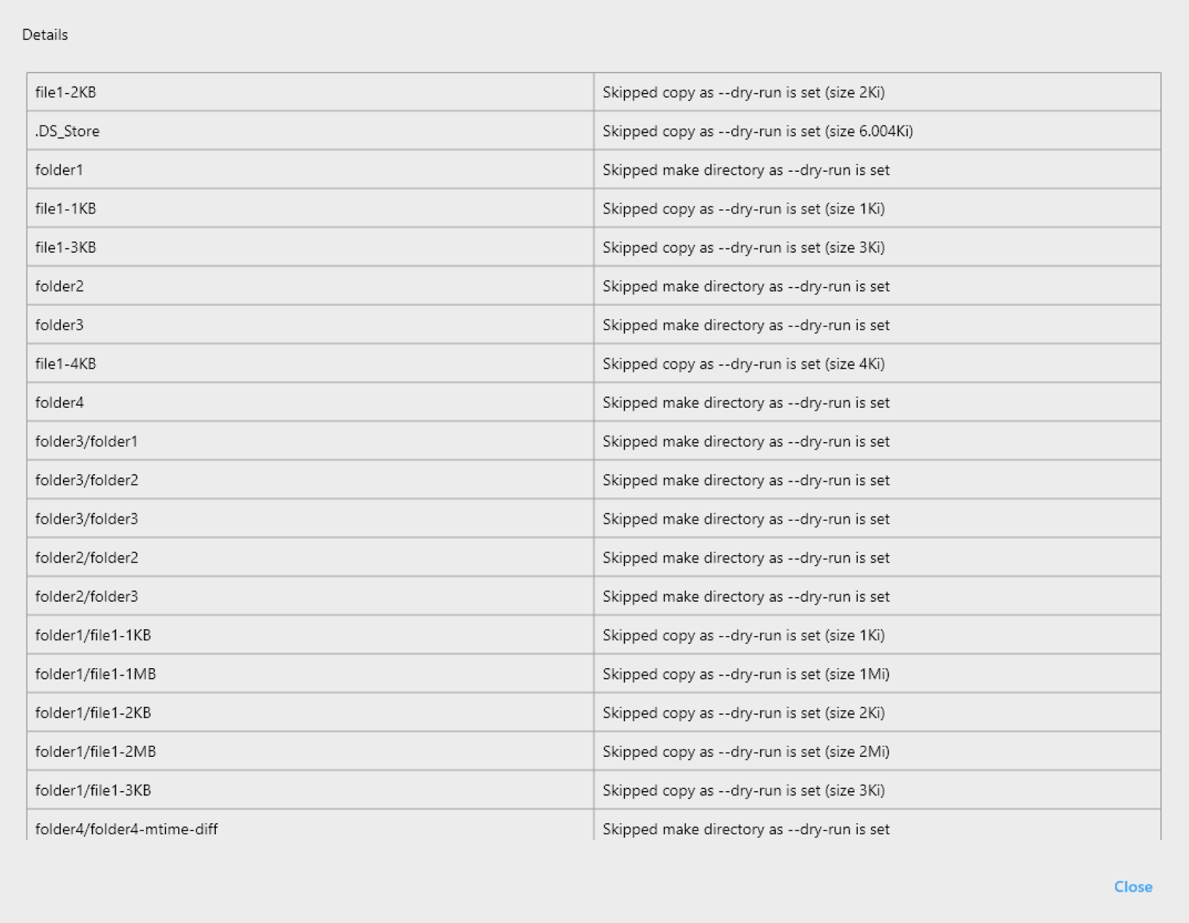 Sync dry run details