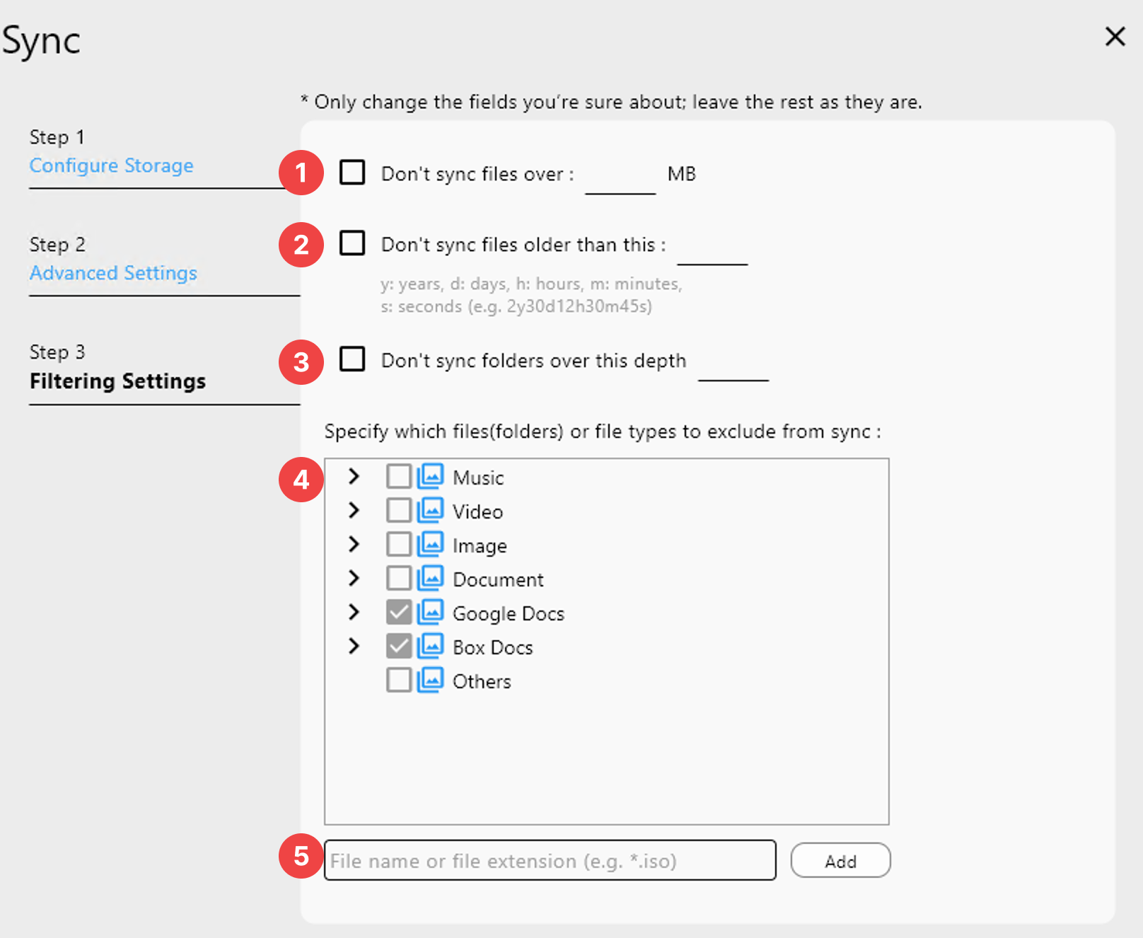 sync filtering settings details