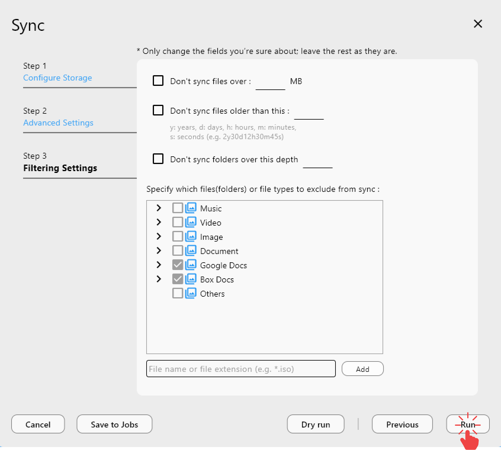 Sync filtering settings