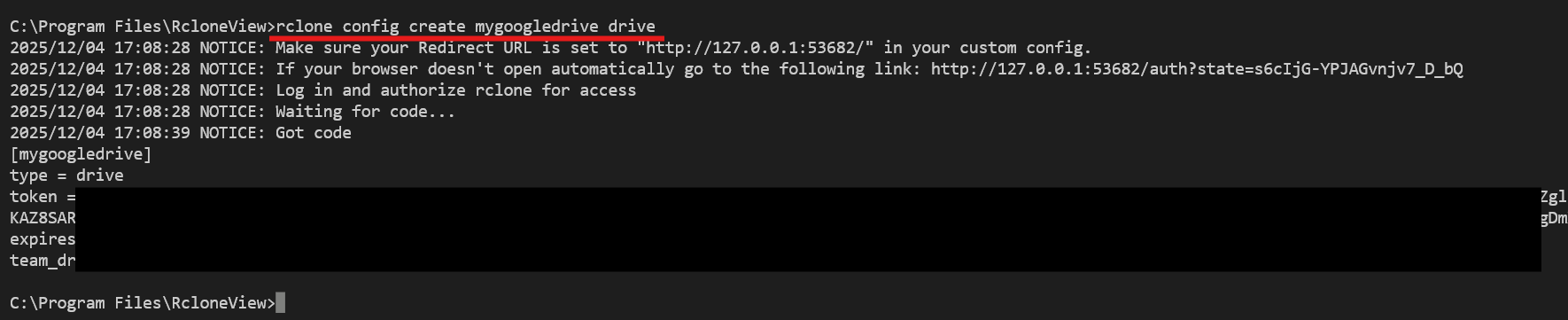 Create Google Drive remote with rclone config create