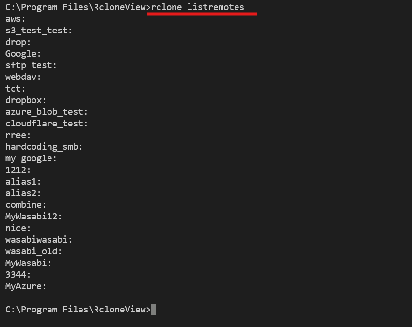 rclone listremotes in RcloneView Terminal