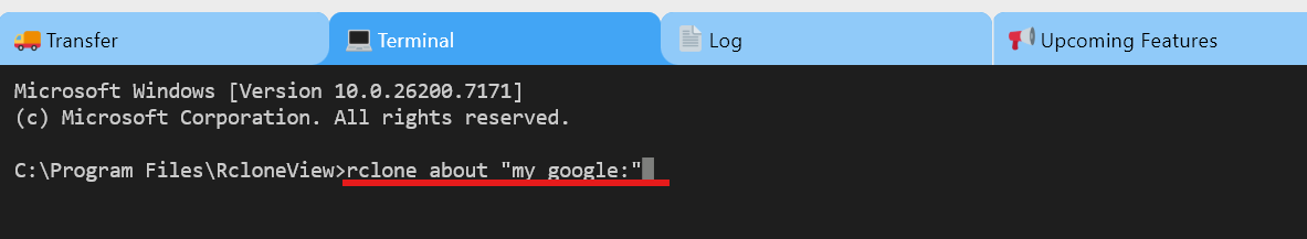 rclone about output in RcloneView Terminal