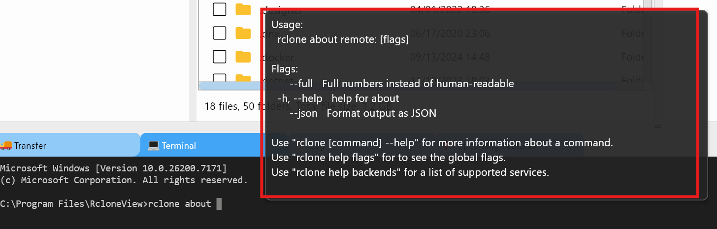 terminal input rclone about