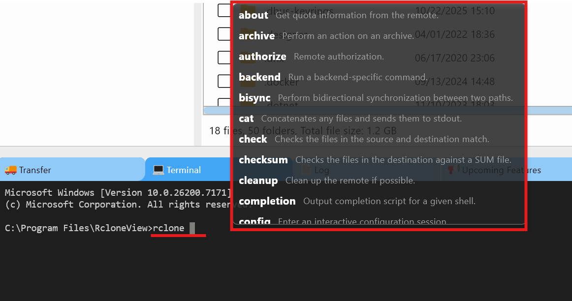Autocomplete list for rclone commands