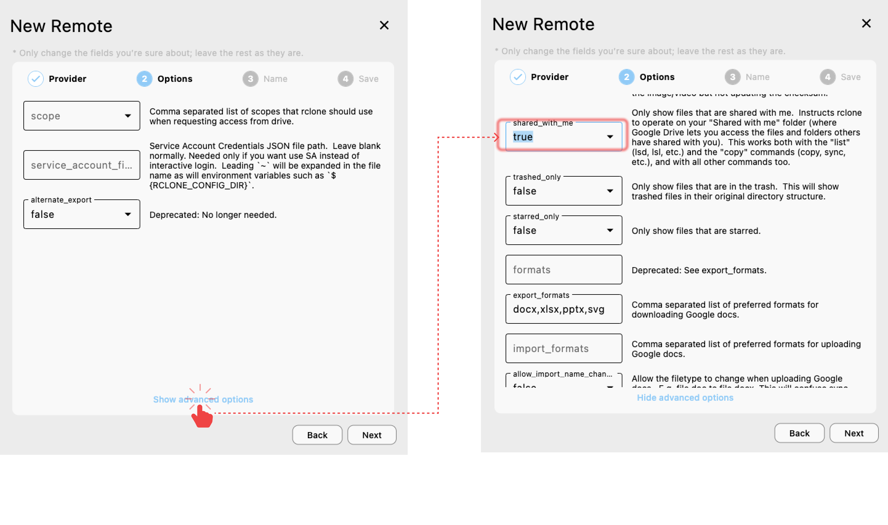 google drive shared with me options