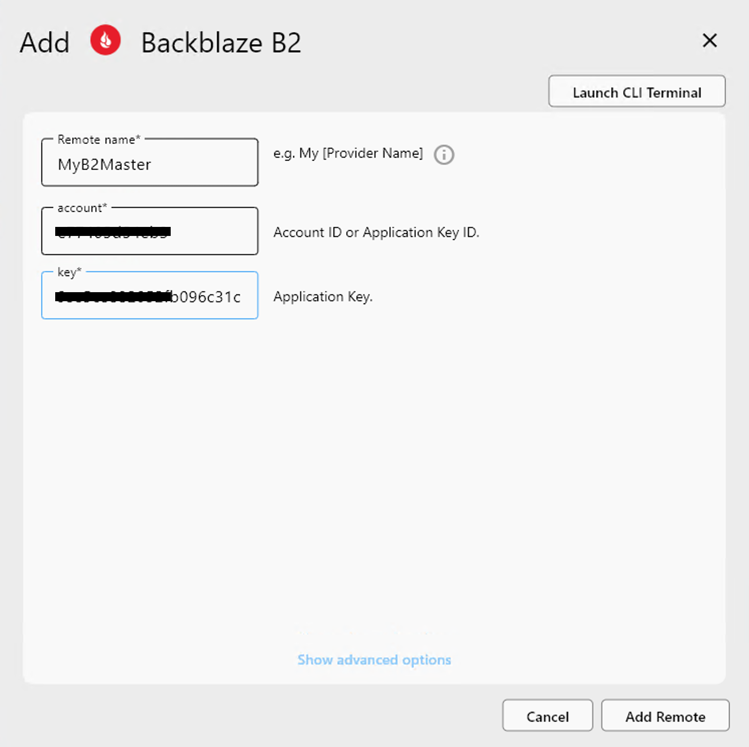 remote configure backblaze b2