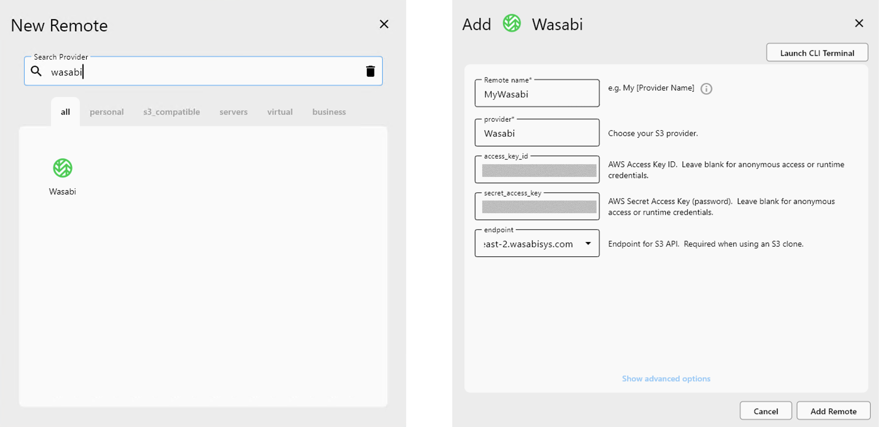 add new wasabi remote configuration