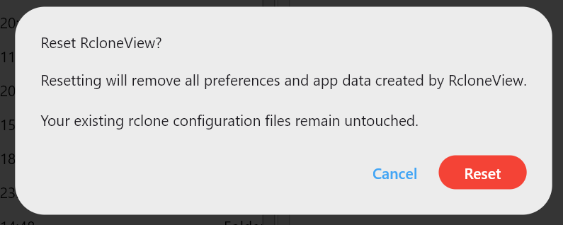 Reset App confirmation