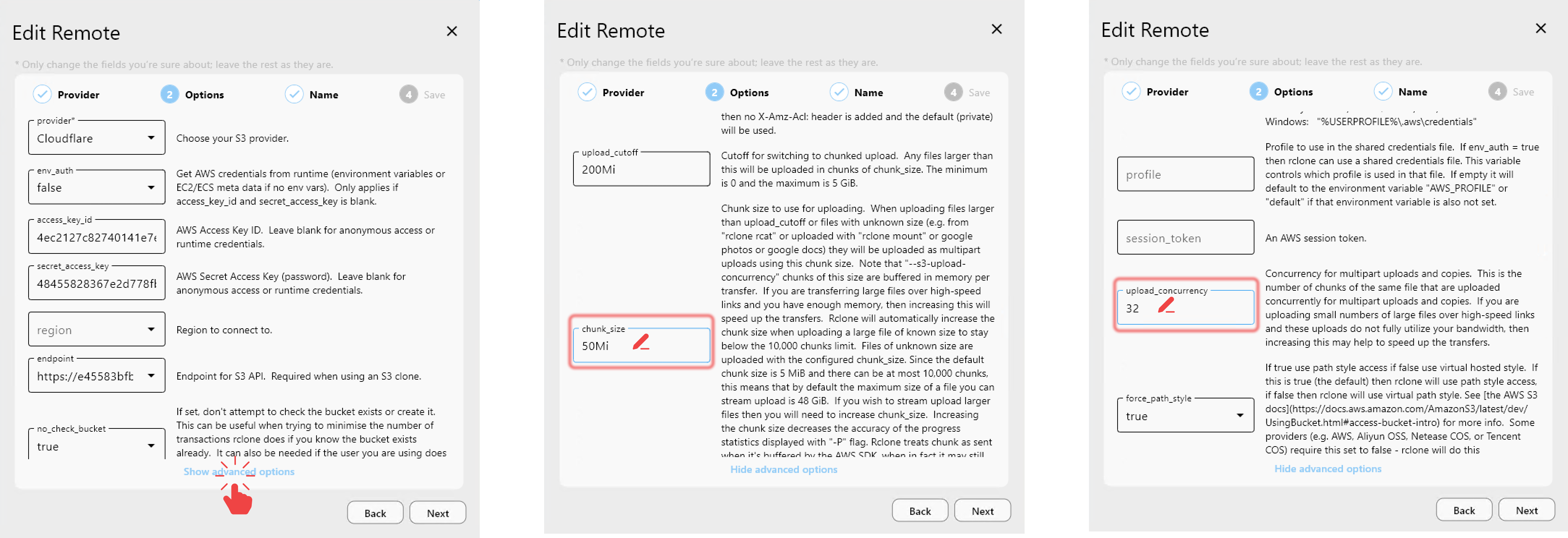 chunk size and upload concurrency settings
