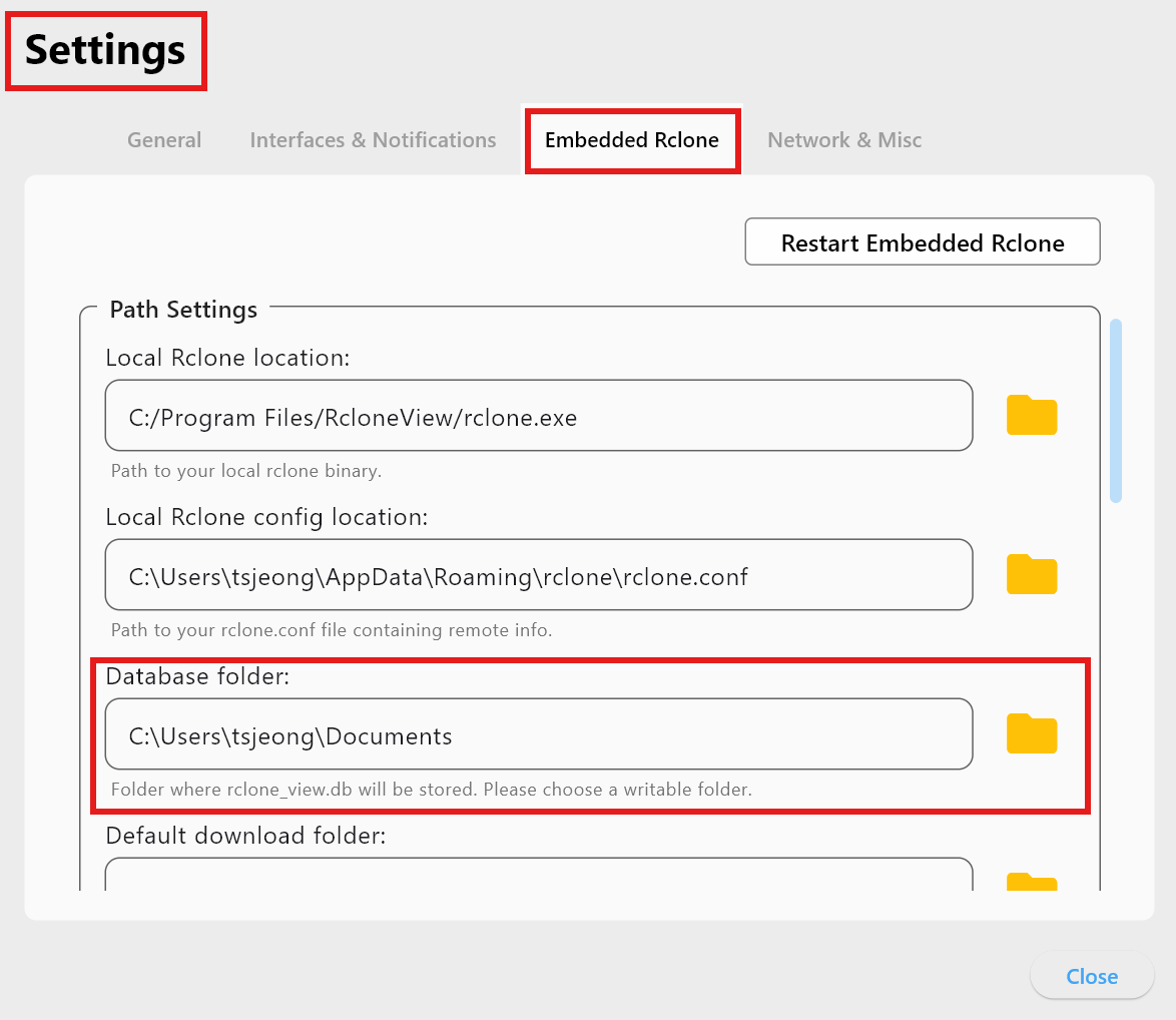Database folder picker