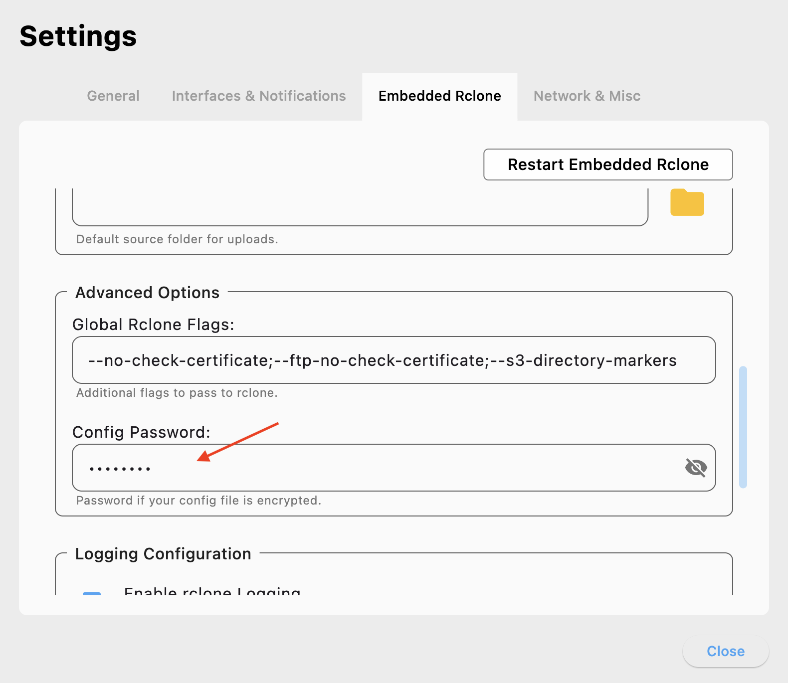 Config Password field in Embedded Rclone settings