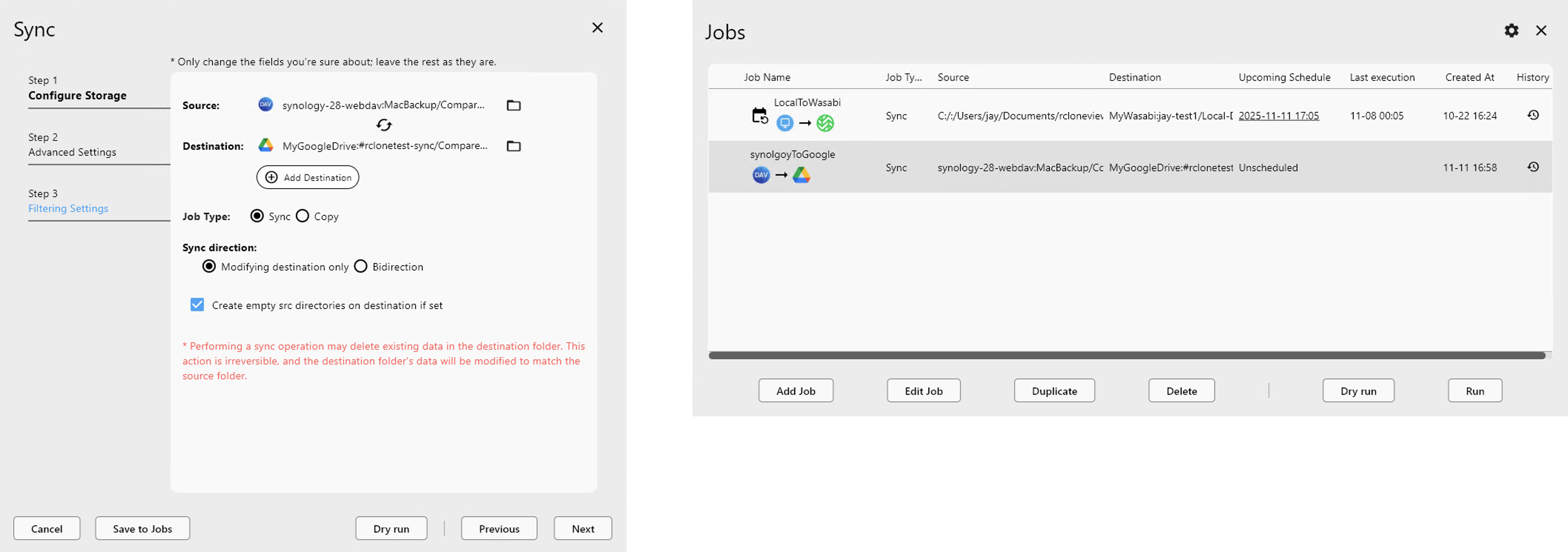 sync job synology to google drive