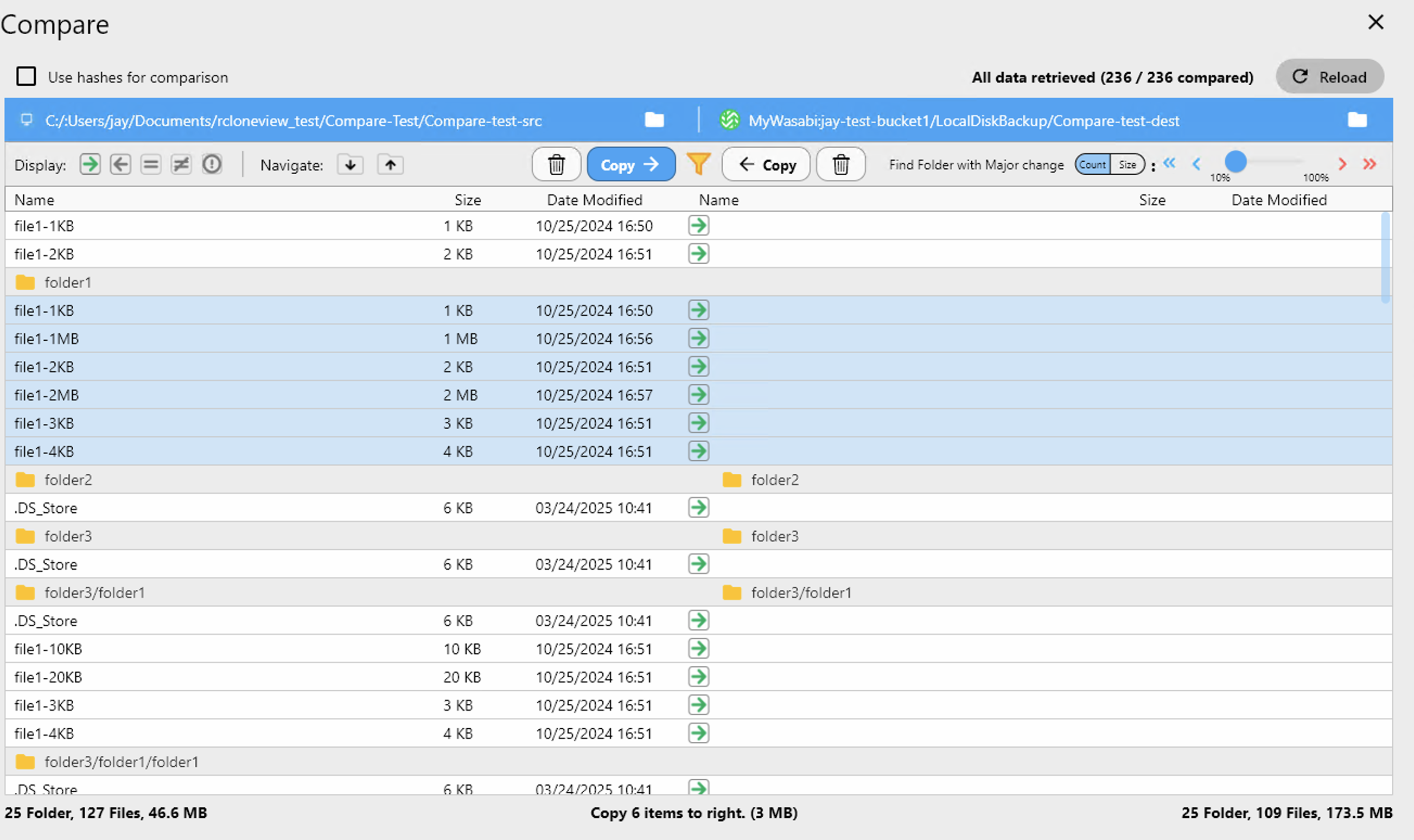 wasabi and local compare and copy