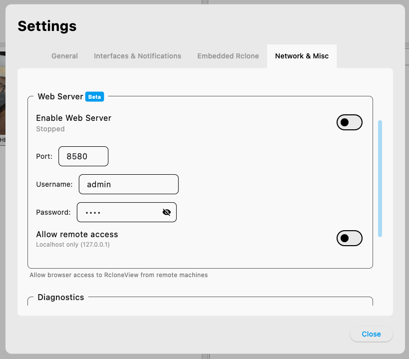 Web Server settings in RcloneView